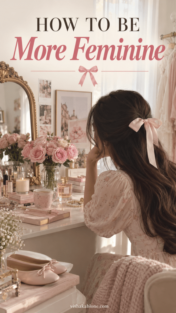 How to be more feminine with feminine lifestyle tips, feminine energy, soft girl habits, elegant style, graceful body language, feminine beauty, self-care rituals, romanticizing your life, feminine confidence, soft living. 