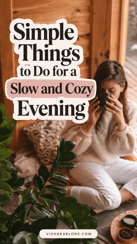 slow and cozy evening routine, slow living, cozy night ideas, self care evening, relaxing evening routine, and mindful living.