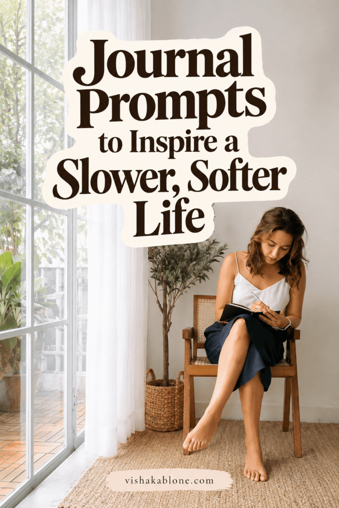 Journal prompts inspiring a slower, softer life and mindful living. Slow living, soft life. Journal prompts for slow living, intentional living, self-care, mindfulness, and creating a peaceful everyday routine.