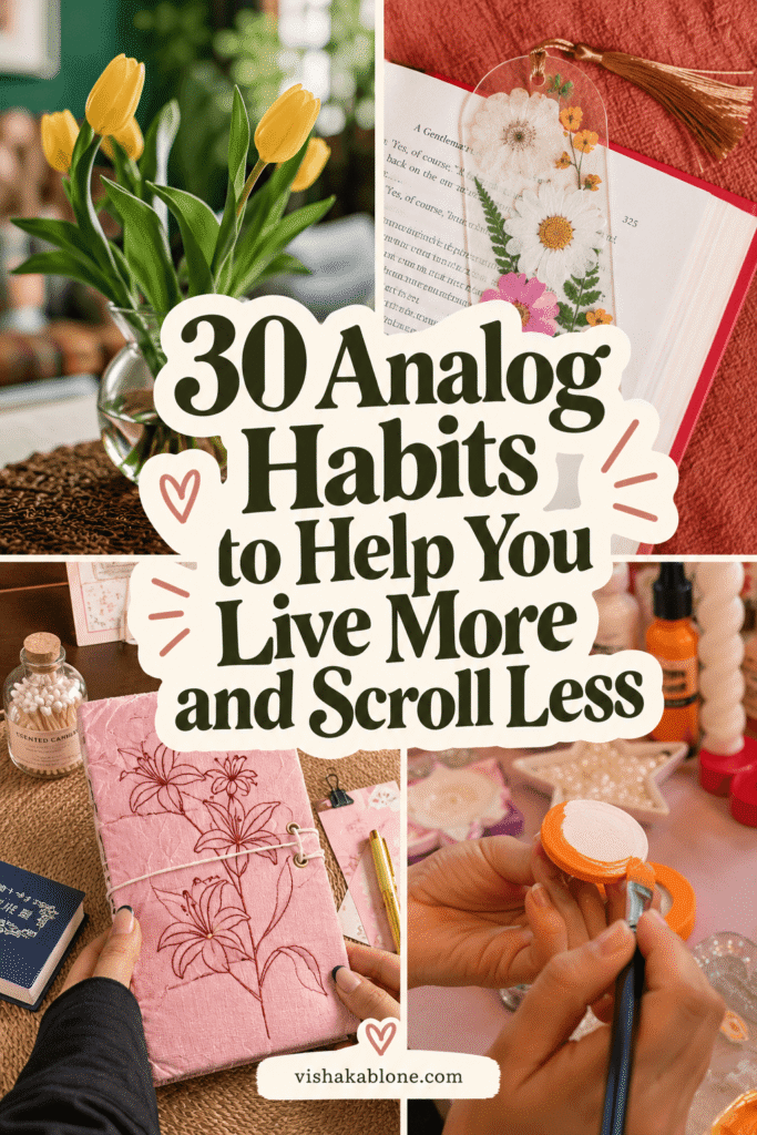 Discover 30 analog habits to live more and scroll less, including screen-free activities, creative hobbies, journaling ideas, scrapbooking, DIY crafts, digital detox tips, slow living habits, mindful living, intentional living, cozy hobbies, nostalgic activities, and things to do instead of scrolling on your phone.